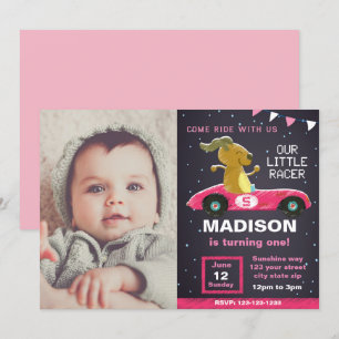 Pink Car Racer Anniversaire Invitation avec photo