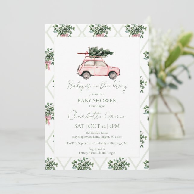 Pink Car Weihnachtsbaum Kinderdusche Einladung (Stehend Vorderseite)