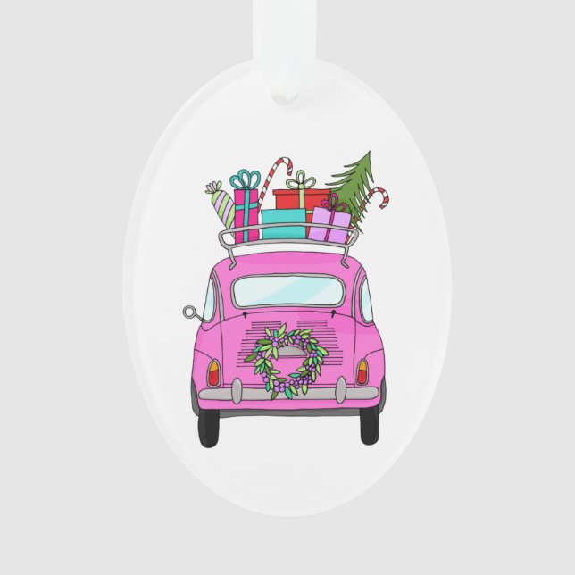 Pink Car with Christmas Ohrts Ornament (Vorderseite)