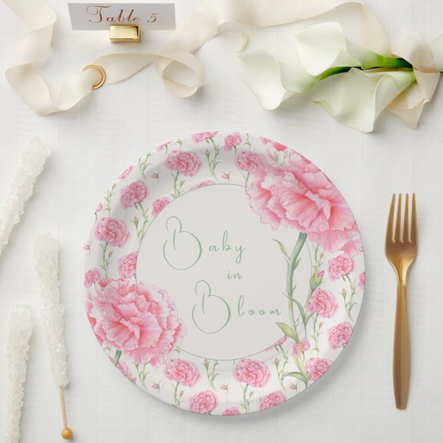 Pink Carnation Baby in Bloom Baby Shower  Pappteller (Hochzeit)