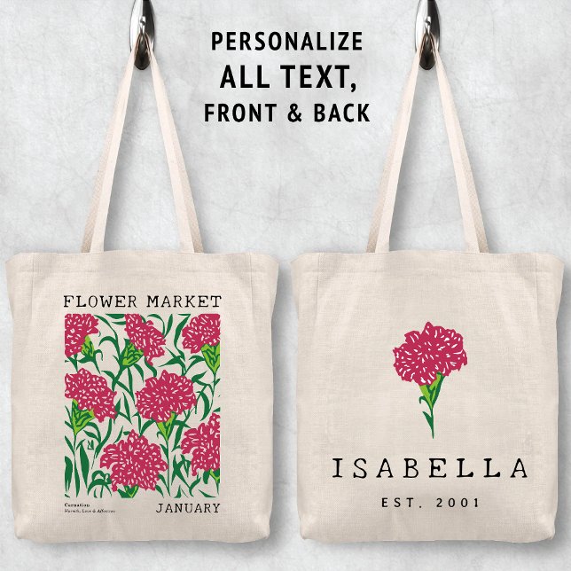 Pink Carnation Floral Januar Geburtsmarkt Blume Tragetasche (Personalized January Birth Flower Market Tote Bag, Custom Name Bag, Bachelorette Bridesmaid Gifts )