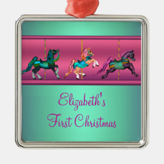 Pink Carousel Aquamarin & Lila Baby's First Christ Silbernes Ornament