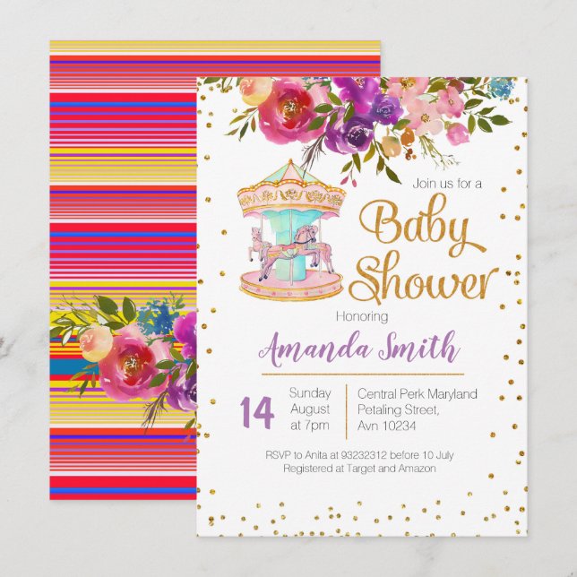 Pink Carousel Baby Dusche Einladung (Vorne/Hinten)