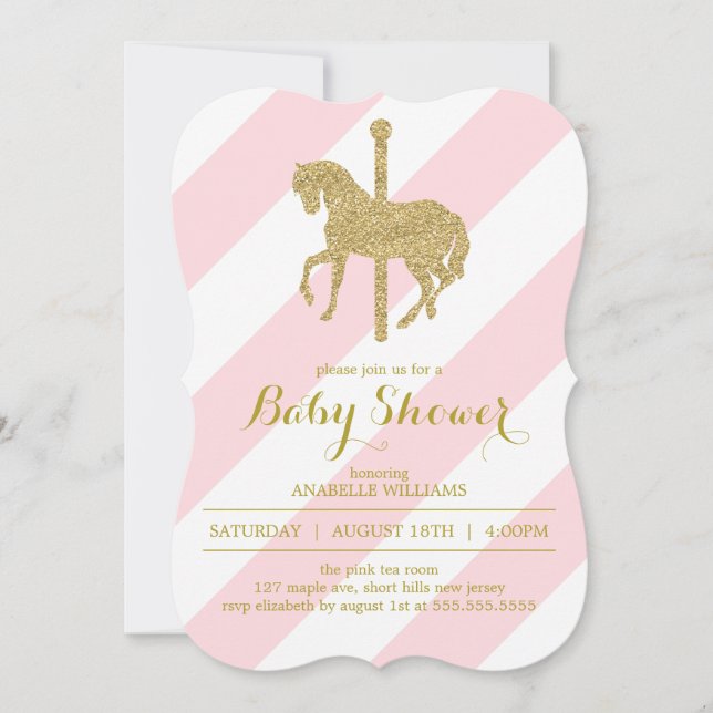 Pink Carousel Horse Baby Dusche Einladung (Vorderseite)