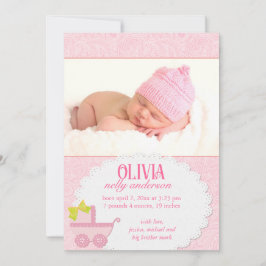 Pink Carriage Baby Girl Foto Birth Ankündigung