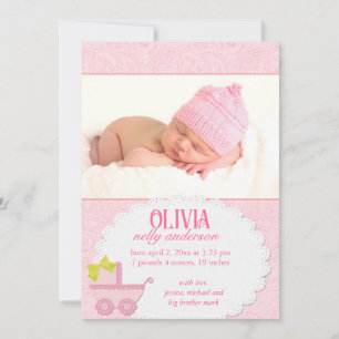 Pink Carriage Baby Girl Foto Birth Ankündigung
