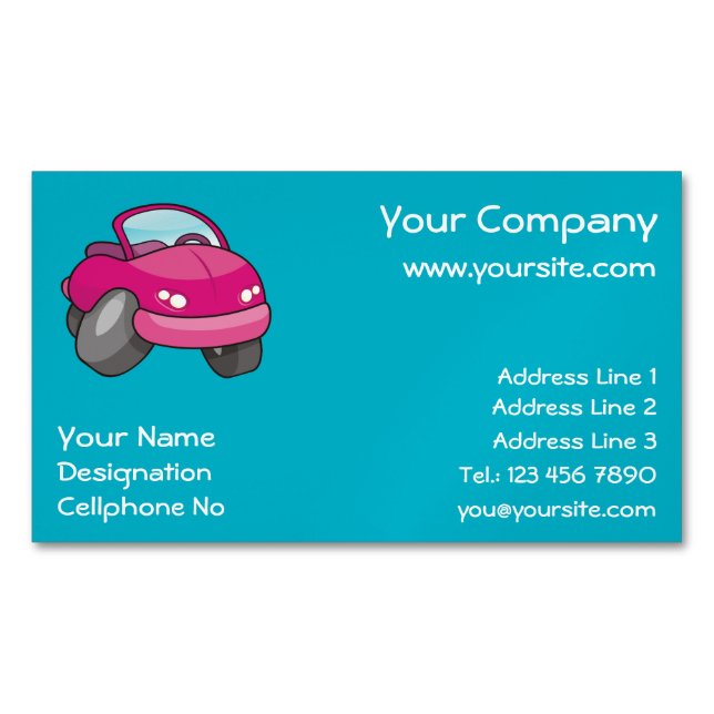 Pink Cartoon Car Magnetische Visitenkarte (Vorderseite)