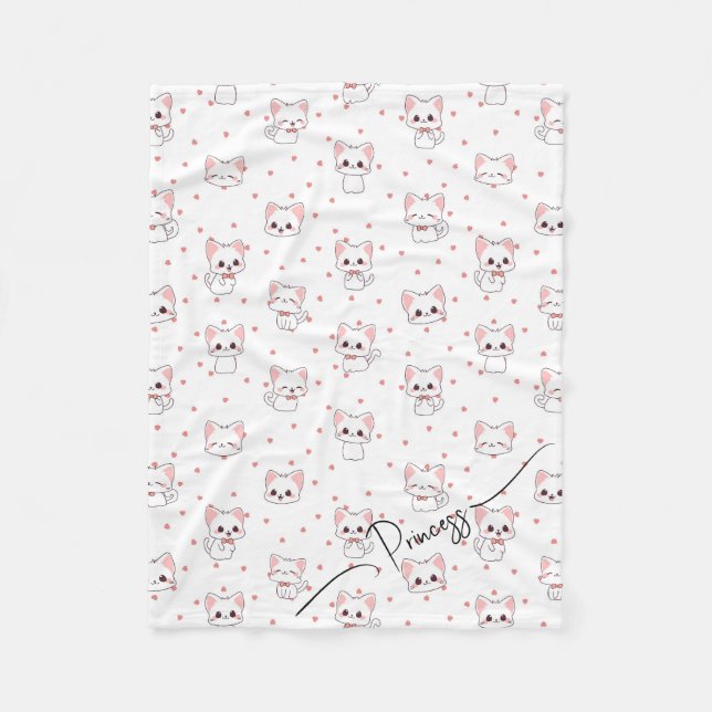 Pink Cartoon Cat Pattern with Stars and Pet Name  Fleecedecke (Vorderseite)