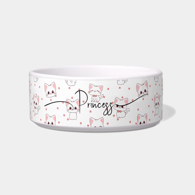 Pink Cartoon Cat Pattern with Stars and Pet Name  Napf (Vorderseite)