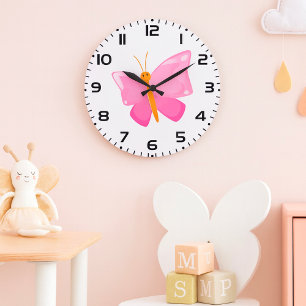 Pink-Cartoon-Schmetterling Große Wanduhr