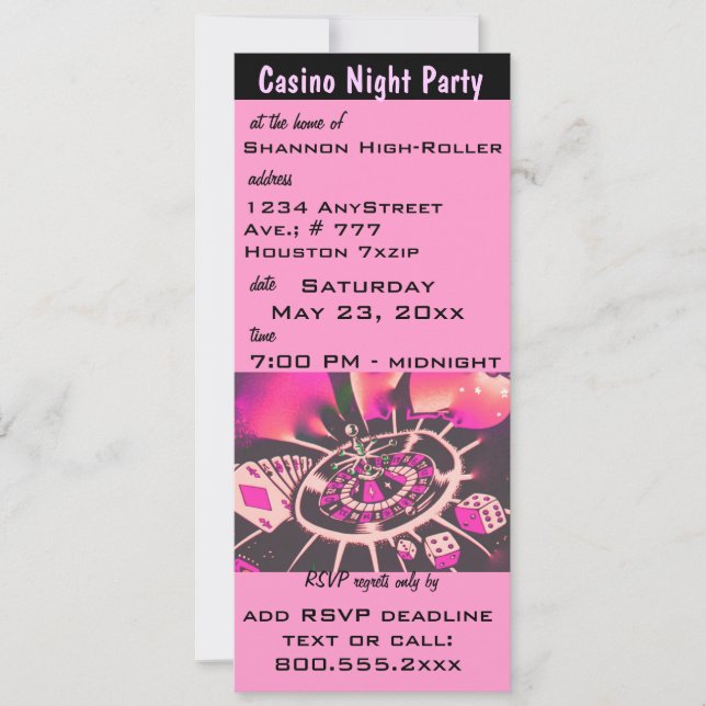 Pink Casino Night Themenparty Einladung (Vorderseite)