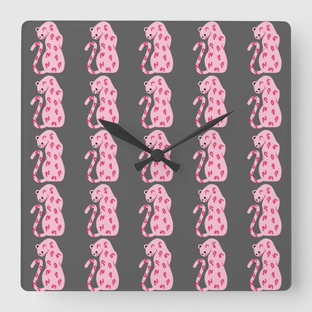 Pink Cat Pattern auf grauem Hintergrund Quadratische Wanduhr (Vorderseite)
