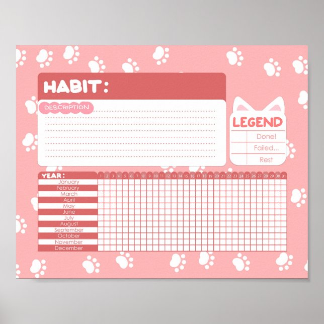 Pink Cat Paw Print Habit Tracker Poster (Vorne)