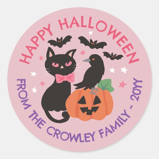 Pink Cat Pumpkin Raven Happy Halloween Runder Aufkleber (Vorderseite)