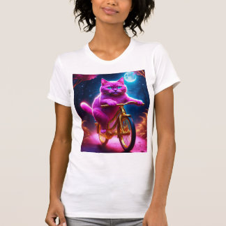 Pink Cat Riding On Golden Bicycle T-Shirt