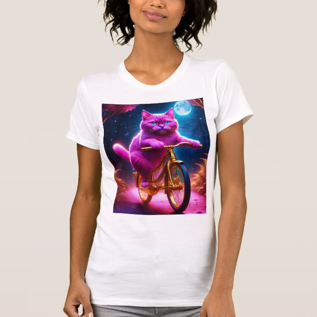 Pink Cat Riding On Golden Bicycle T-Shirt (Vorderseite)