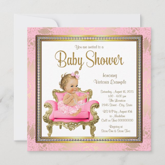 Pink Chair Lace Pearls Pink Gold Baby Dusche Einladung (Vorderseite)