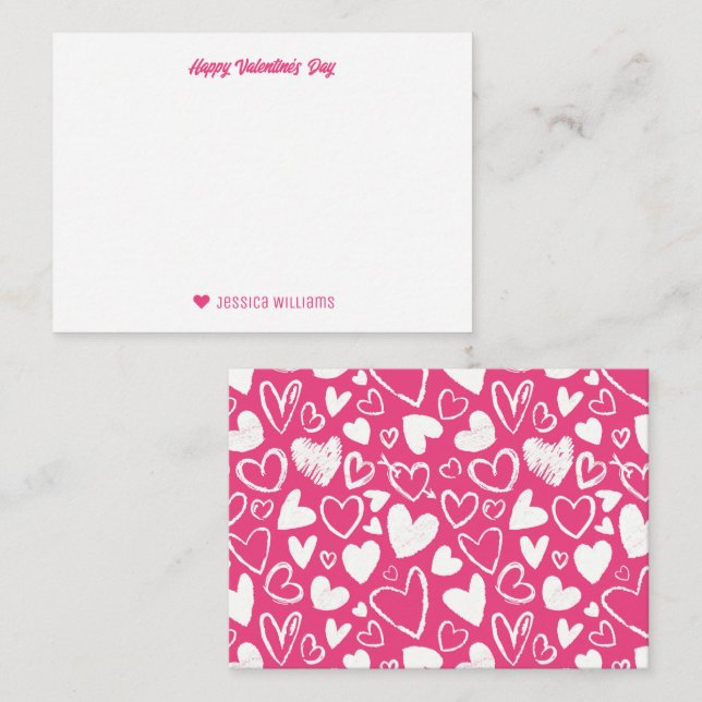Pink Chalk Doodle Herzmuster Valentinstag Mitteilungskarte (Vorne/Hinten)