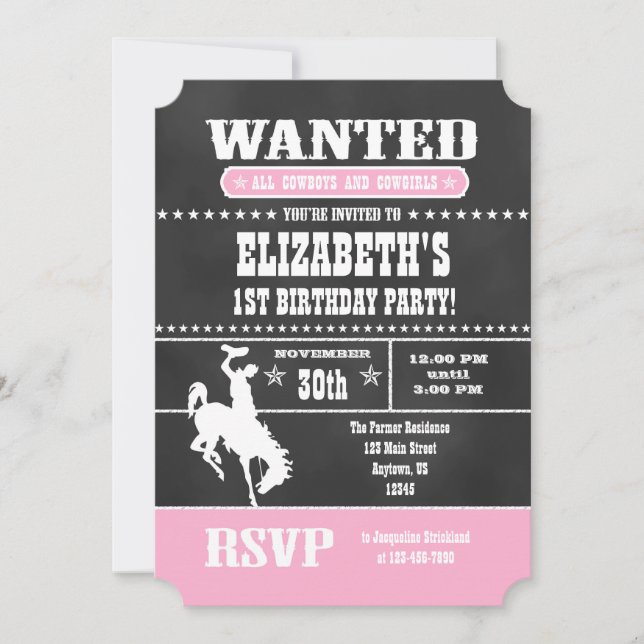 Pink Chalkboard Cowboy Einladung zum Geburtstag (Vorderseite)
