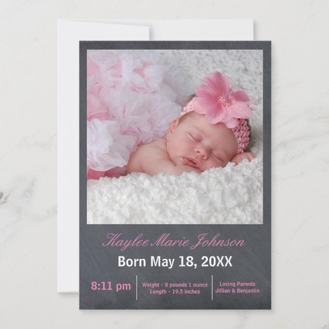 Pink Chalkboard Photo - Faire-part de naissance (Devant)