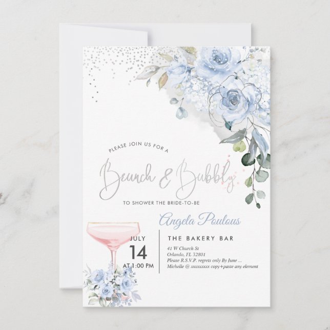 Pink Champage Brunch Bubbly Dusty Blue Rose Einladung (Vorderseite)