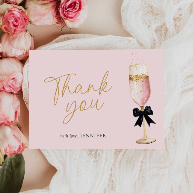Pink Champagne Bubbly Brautparty Dankeskarte (Pink Brunch and Bubbly Bridal Shower Thank you card)