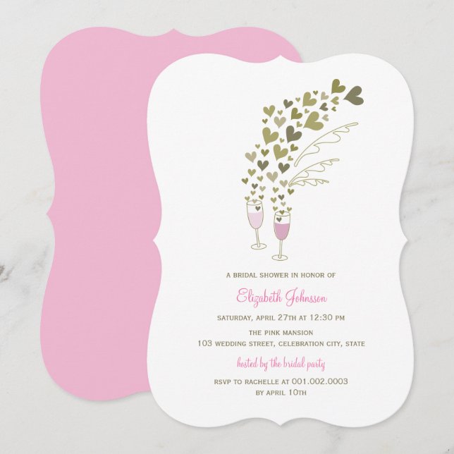 Pink Champagne Cheers Hearts Brautparty Einladung (Vorne/Hinten)