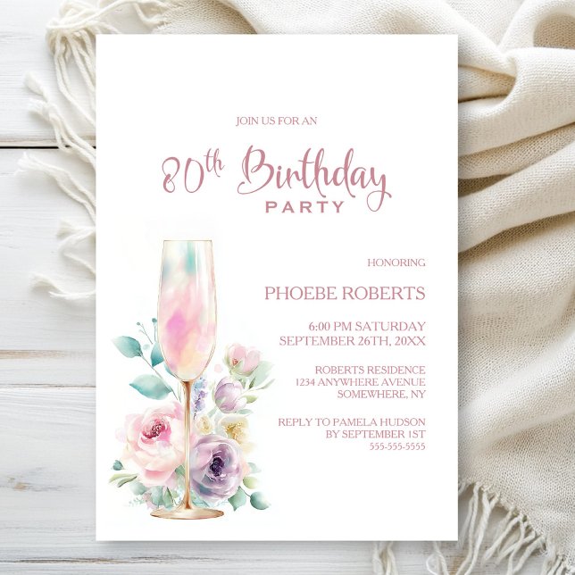 Pink Champagne Floral 80th Birthday Party Einladung (Von Creator hochgeladen)