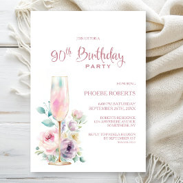 Pink Champagne Floral 90th Birthday Party Einladung