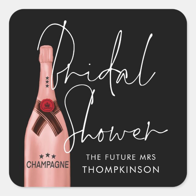 Pink Champagne Future Frau Name Black Brautparty Quadratischer Aufkleber (Vorderseite)