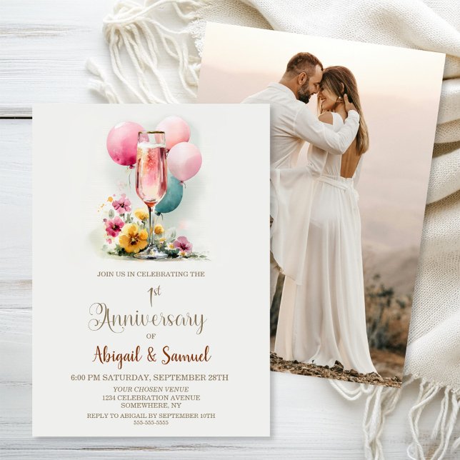 Pink Champagne Glass 1. Hochzeitstag Einladung (Von Creator hochgeladen)