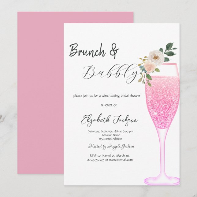 Pink Champagne Glass Blumen Brunch & Bubbly Einladung (Vorne/Hinten)