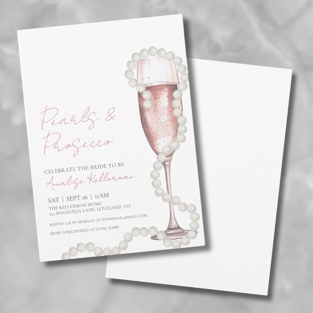 Pink Champagne Pearls & Prosecco Brautparty Einladung (Elegant Pink Champagne Bridal Shower Invitation)