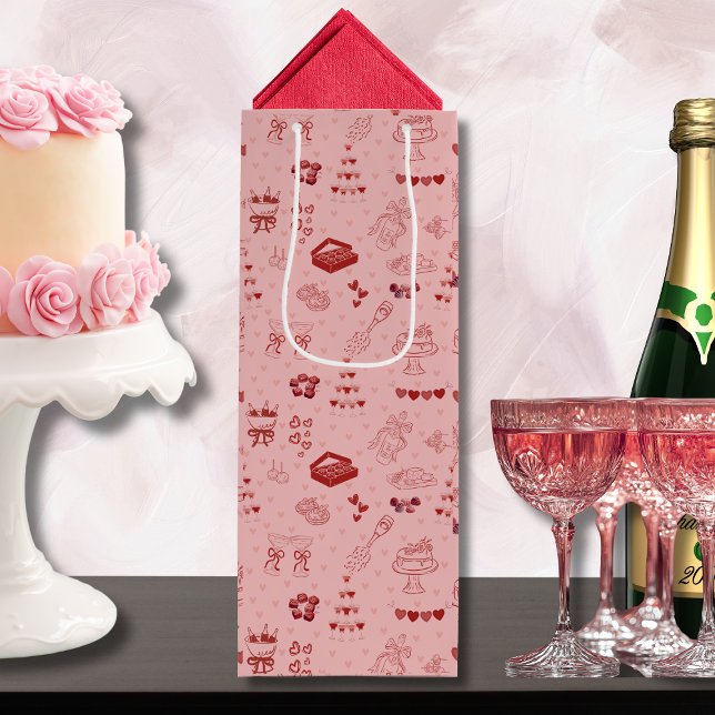 Pink Champagne Tower Galentine Doodle Pattern Geschenktüte Für Weinflaschen (Von Creator hochgeladen)