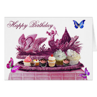 PINK CHARIOT OF SWANS AND CUPCAKES HAPPY BIRTHDAY