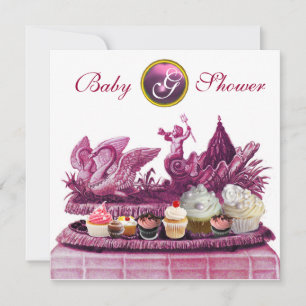 PINK CHARIOT OF SWANS / CUPCAKES GIRL BABY SHOWER EINLADUNG