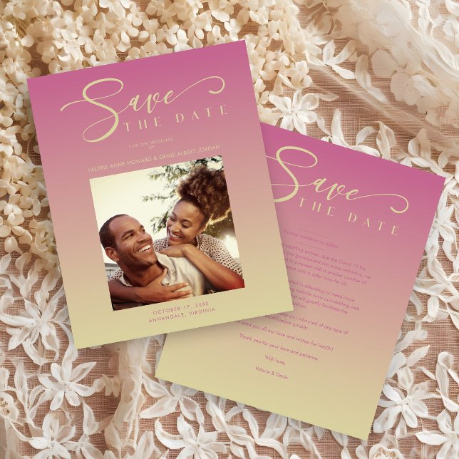 Pink Cheap Gradient Minimalist Photo Couple (Pink Cheap Modern Gradient Minimalist Photo Couple Wedding Save the Date Card.)