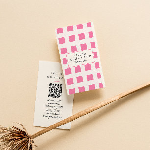 Pink Checked Trendy Boho Funky Girly QR Code Visitenkarte