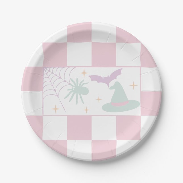Pink Checkerboard Halloween Spooky Vibes Pappteller (Vorderseite)