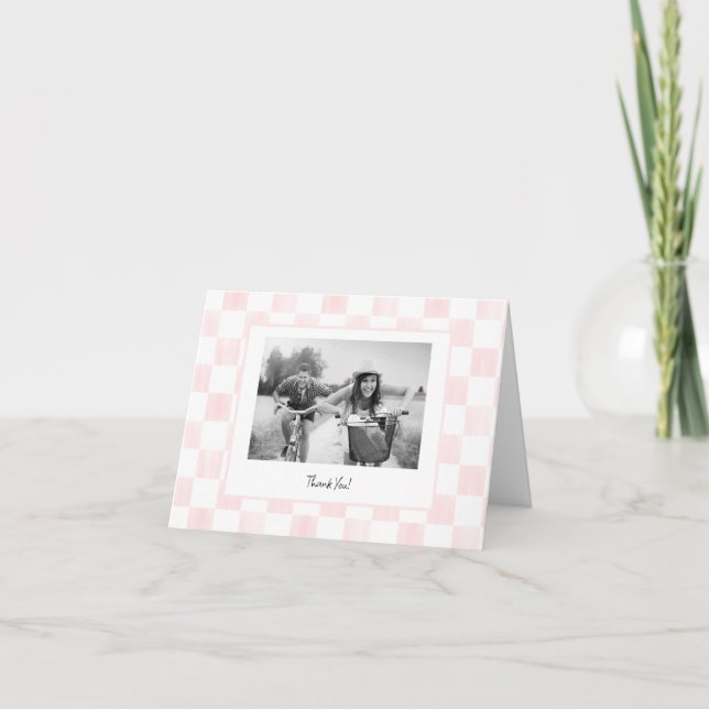 Pink Checkerboard Personalized Photo Dankeskarte (Vorderseite)