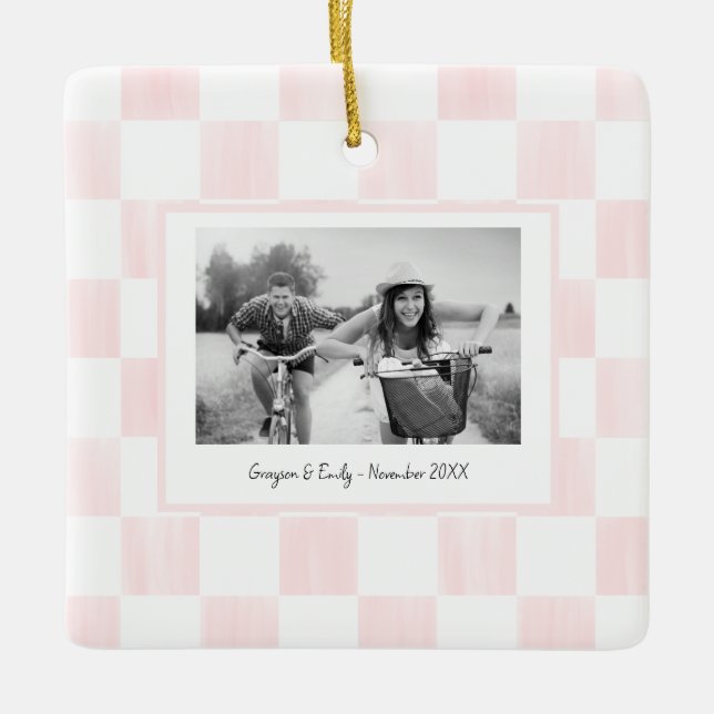 Pink Checkerboard Personalized Photo Keramikornament (Vorderseite)