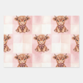 Pink Checkered Highland Cow Cute Gift Wrap Geschenkpapier Set