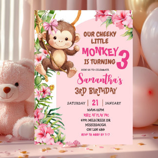 Pink Cheeky Little Monkey Savannah Theme Birthday Einladung