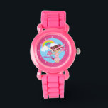 Pink Cheerleader Niedlich Custom Cheerleader Kids Armbanduhr<br><div class="desc">Eine fröhliche Uhr mit einem Mädchen,  das mit rosa-weißen Pomen unter einem Regenbogen im blauen Himmel springt. Passen Sie dies mit dem Namen Ihres zukünftigen Cheerleader an.</div>
