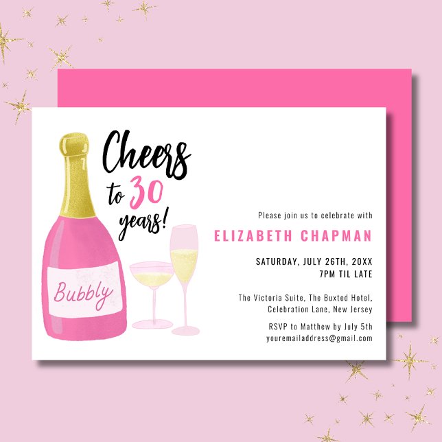 Pink Cheers bis 30 Jahre blubbly 30. Einladung (Cheers to 30 years pink champagne 30th birthday invitation.  Full 30th birthday party range.)