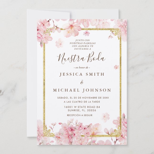 Pink Cheery Blossom Nuestra Boda Spanische Hochzei Einladung (Vorderseite)