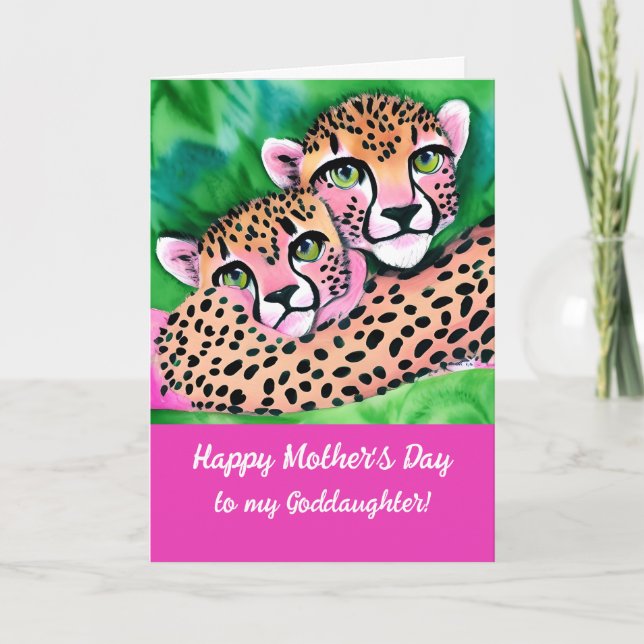 Pink Cheetah Cub + Mama Godtochter Mütter Tag Karte (Vorderseite)