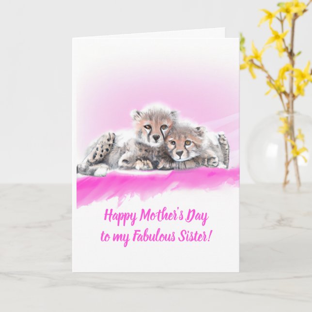 Pink Cheetah Cubs Fabulous Schwester Muttertag Karte (Gelbe Blume)