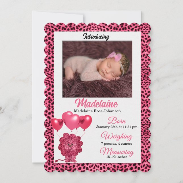 Pink Cheetah Geburtsankündigung Baby's Foto Ankündigung (Vorderseite)