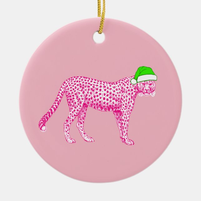 Pink Cheetah in einer Weihnachtsmannmütze Keramik Ornament (Vorne)